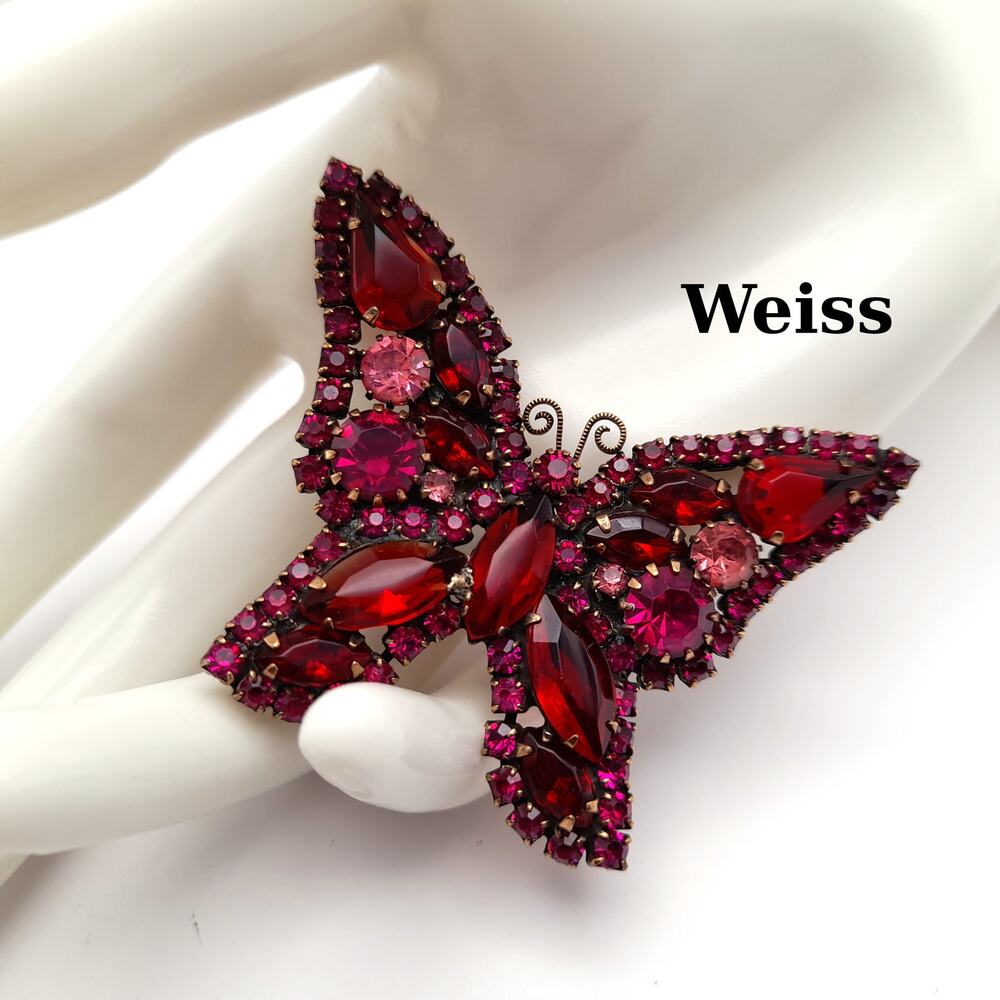 Vintage WEISS Red Pink Rhinestone Butterfly Brooch